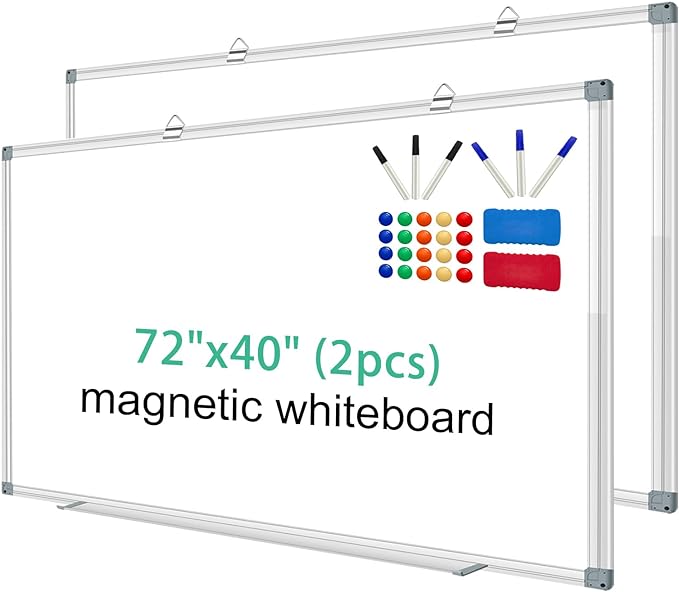 H-Qprobd Whiteboard Dry Erase White Board for Wall 72x40 (2pcs) Magnetic Boards for Office Classroom & Home, Large Wall Whiteboard Including 6 Markers, 20 Magnets, 2 Erasers