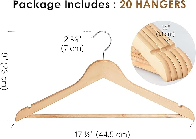 StorageWorks Wooden Hangers 20 Pack, Wood Coat Hanger for Coats, Shirts, Jackets, Pants, Suits, Natural Wood Color