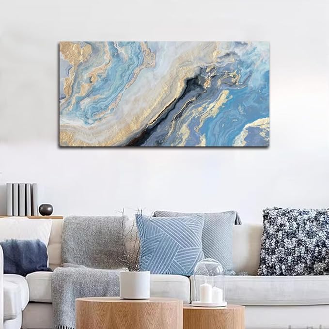 Abstract Canvas Wall Art Decor for Living Room Blue Gold Marbling Pictures Painting for Bedroom Modern Abstract Canvas Art Ptints for Bathroom Office Home Decorations