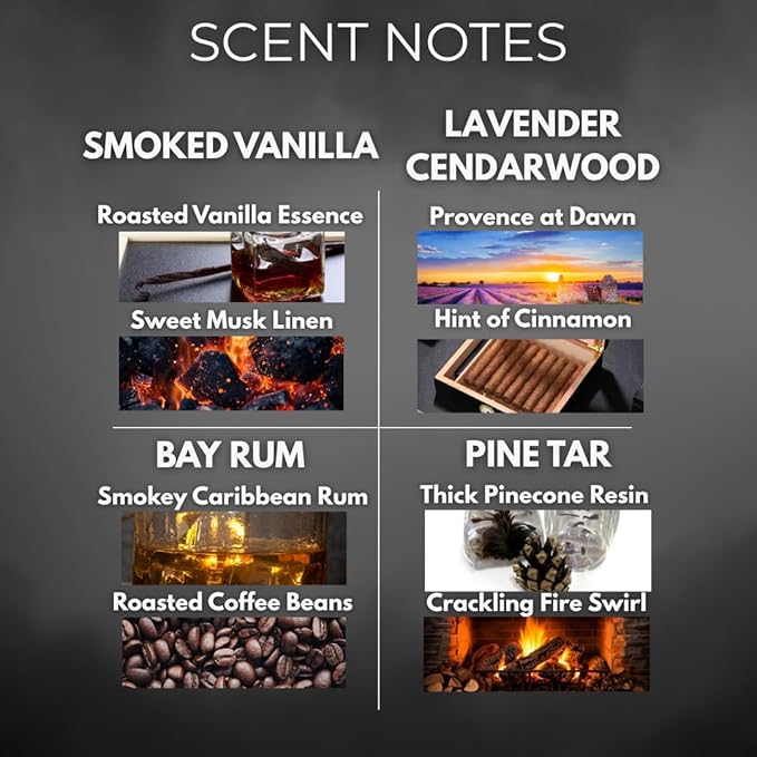 Scented Candles for Men - 200 Hours Burn Time in Gift Box & Protective Shipper - Men Candle Set x 4 - Cedarwood & Lavender/Bay Rum/Pine Tar/Smoke & Vanilla - Spotless Leopard