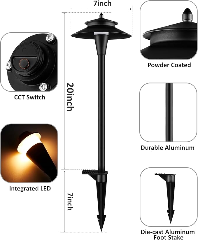 Pathway Lights Low Voltage, 5W 2200K/2700K/3000K/4000K/5000K 20 Inch Black, 12V LED Wired Low Voltage Landscape Lighting for Outdoor Yard Garden Walkway Driveway Pathway Path, ETL, Pack of 1