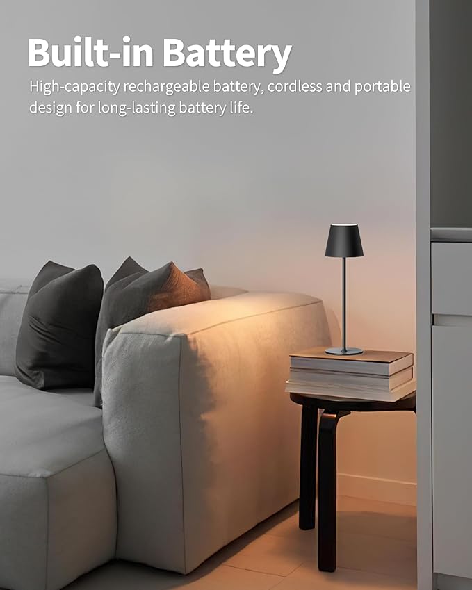 PUSU Cordless Rechargeable Table Lamp Set of 2, 4000mAh Battery Powered LED Desk Lamp, 3 Color Stepless Dimming Up, Portable Table Light Lamp for Bedroom Restaurant Outdoor (Black)