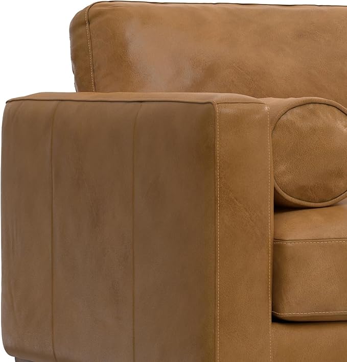 SIMPLIHOME Morrison Accent Chair - 43 inch Wide Upholstered Top Grain Genuine Leather Mid-Century Modern Arm Chair with Solid Wood Frame in Sienna, for Living Room or Bedroom with 2 Bolster Pillows