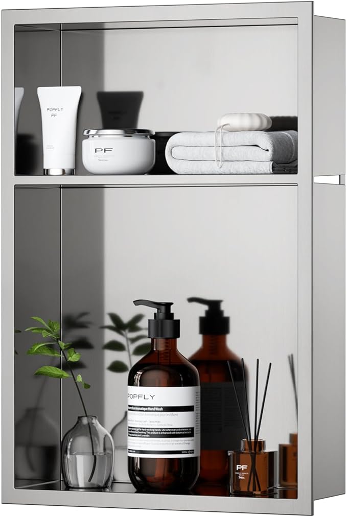 POPFLY 12"x18" 2-Tier Shower Niche Organizer, Stainless Steel Recessed Wall Shelf Inserts - No Tile Needed Double Shelves Bathroom Storage No Drill, Brushed Nickel