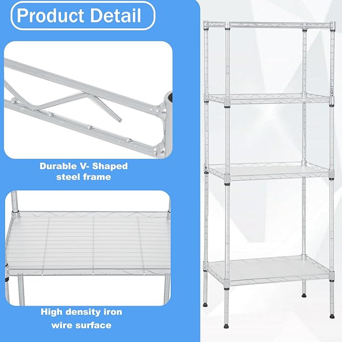 PayLessHere Metal Shelving Storage Shelves Garage Shelving 4-Tier Adjustable Shelf 600 lbs Total Bearing Capacity Multi-Functional Durable Easy Assembly, Chrome