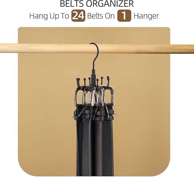 ZEDODIER Belt Hanger, 4 Pack Rotatable Belt Rack Closet Accessories Organizer, Maximum 24 Storage Capacity, Hanging Holder Storage Hook for Belt, Bra, Tank Top, Tie, Scarf, Purse, Black