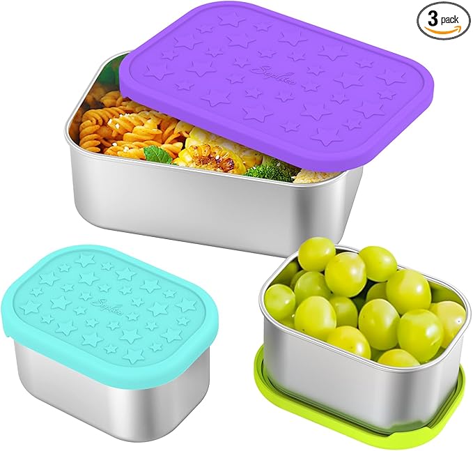 SOPHICO Stainless Steel 24 OZ Snack Containers for Kids，Food Storage Container with Silicone Lid - Perfect 304 Metal Toddler Lunch Box for Daycare and School, Leak Proof （Purple）