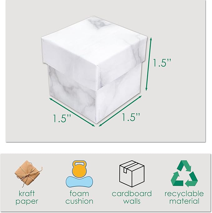 TheDisplayGuys - 24-Pack Cardboard Kraft Paper Jewelry Gift Boxes w. Velvet Padding - Ring - Marble White - Square (1.5" x 1.5" x 1.5")