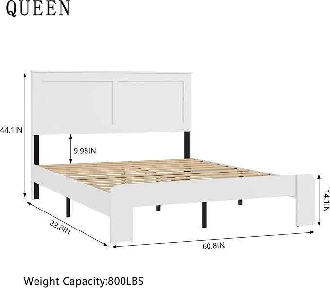 Queen Size Bed Frame, Vintage Platform Bed Frame with Wood Headboard and Footboard, 12 Wood Slats Support, No Box Spring Needed (White)