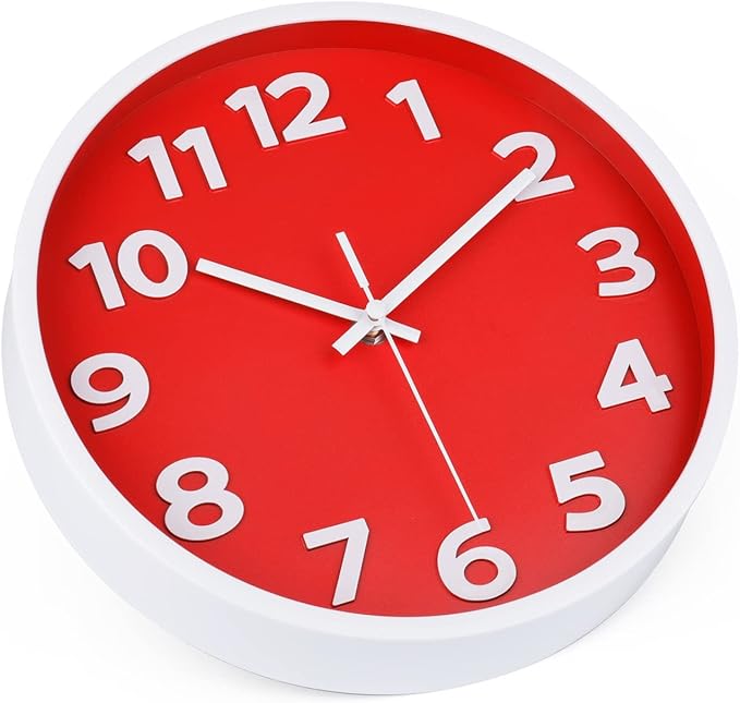 Red Wall Clock 10 Inch Silent Non-Ticking Battery Operated,Small Modern Wall Clocks Quality Quartz Analog Clock Decorative for Kitchen Home School Office, 3D Numbers Easy to Read