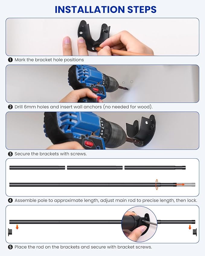 Closet Rods for Hanging Clothes, 17 to 129 Inches Stepless Adjustable Metal Closet Rod, 1.3 Inches Heavy Duty Clothes Hanging Rod for Closet Wardrobes Laundry RV