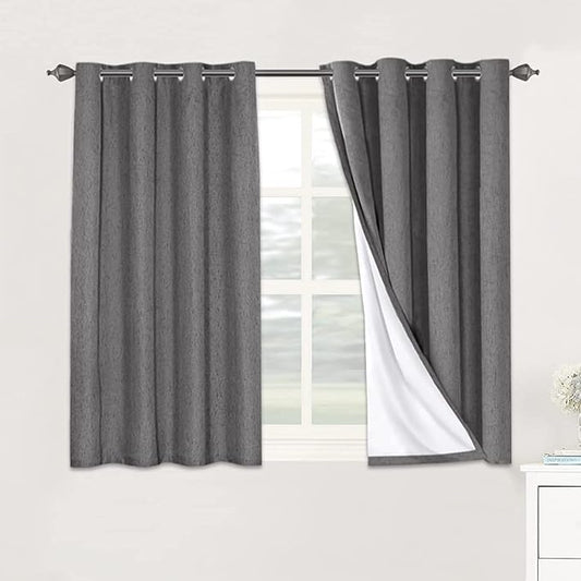 H.VERSAILTEX Linen Blackout Curtains 45 Inches Long 100% Absolutely Blackout Thermal Insulated Textured Linen Look Curtain Draperies Anti-Rust Grommet, Energy Saving with White Liner, 2 Panels, Grey