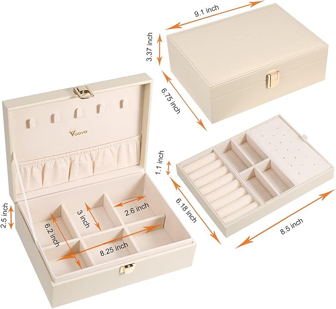 Voova Jewelry Box Organizer for Women Girls, 2 Layer Large Men Jewelry Storage Case, PU Leather Display Jewellery Holder with Removable Tray for Necklace Earrings Rings Bracelets, Vintage Gift,Apricot