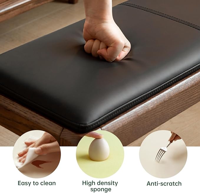 55.1'' Leather Upholstered Dining Bench with 100% Solid Oak Wood Bench Frame, 13.8'' Widened Padded Bed End Bench Ottoman for Kitchen Living Room Bedroom Entryway, Black