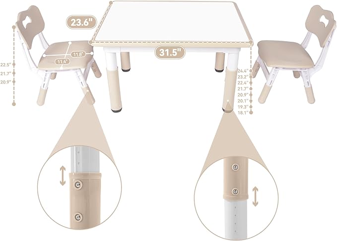 Kids Table and 2 Chairs Set, Height-Adjustable Toddler Table and Chair Set with Graffiti Desktop, 31.5''L x 23.6''W Children Activity Table for Daycare, Classroom, Home