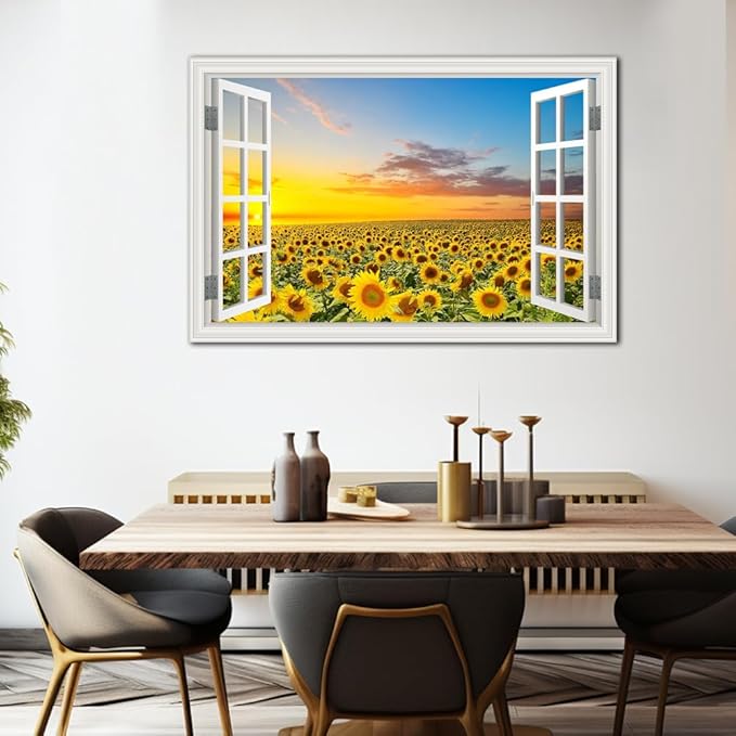 Sunflower Wall Art Decor Flower Canvas Pictures for Living Room Rustic Painting for Wall Window Style Sunset Art Prints for Bedroom Nature Floral Landscape Artwork for Home Office Kitchen Decorations,