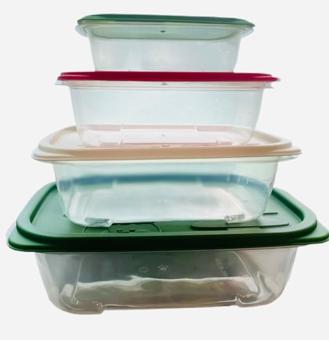 Plastic Food Storage Container Set, 4 Containers with Lids, Assorted Colors (RECTANGULAR MERRY)