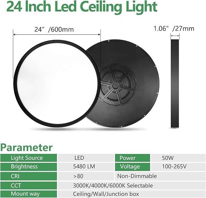 24 Inch Large LED Flush Mount Ceiling Light, 50W,5480LM, 3000K/4000K/6000K CCT Selectable, Black Round Flat Panel Low Profile Ceiling Light Fixtures for Hallway, Kitchen, Bedroom, Laundry Room