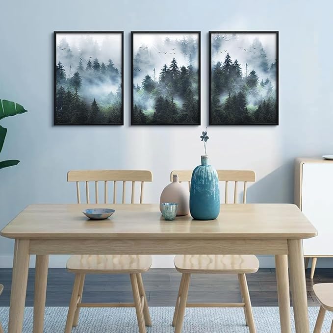 Large size Black Framed Wall Art For Living Room Wall Decorations For Bedroom Office Wall Decor Foggy Forest Paintings Trees Landscape Wall Pictures Prints Artwork Home Decor of 3 Piece Framed Art