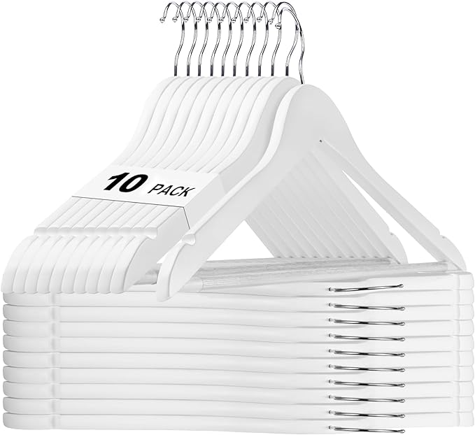 HOUSE DAY White Wooden Hangers 10 Pack, Solid Wood Hanger with Non Slip Pant Bar, Heavy Duty Wooden Coat Hanger for Closet, Smooth Finish Wood Clothes Hangers for Shirts, Suits Jackets, Dress