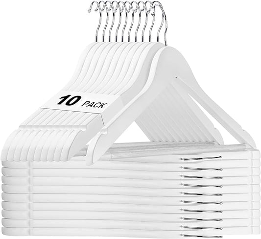 HOUSE DAY White Wooden Hangers 10 Pack, Solid Wood Hanger with Non Slip Pant Bar, Heavy Duty Wooden Coat Hanger for Closet, Smooth Finish Wood Clothes Hangers for Shirts, Suits Jackets, Dress