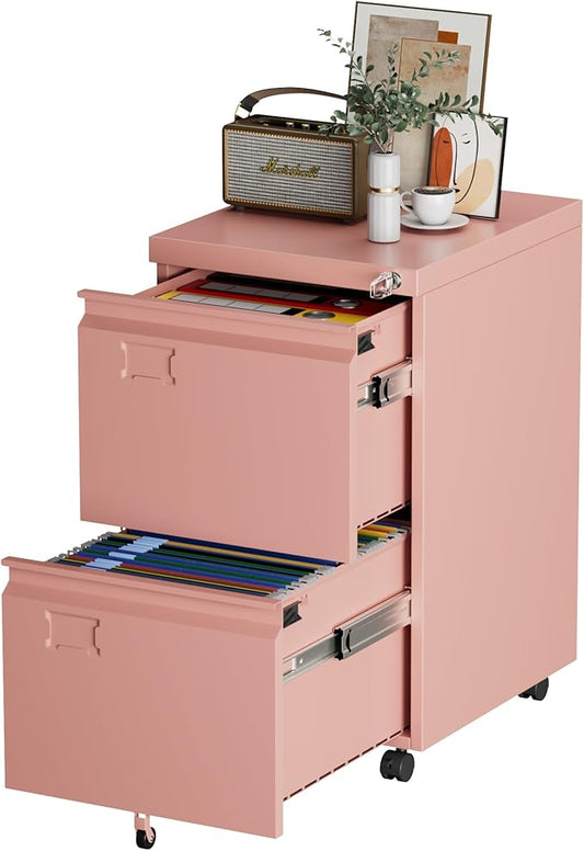 Aobabo 2 Drawer File Cabinet with Wheels, Lockable Metal Filing Cabinet with Business Card Slot for Legal/Letter Size for Home Office, Required Assembled,Pink