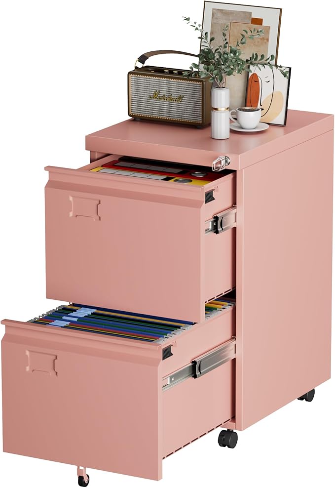 2 Drawer Mobile File Cabinet with Lock,Under Desk Metal Filing Cabinets for Home Office Fits Letters/Legal/A4 Size Folder, Assembly Required, Pink