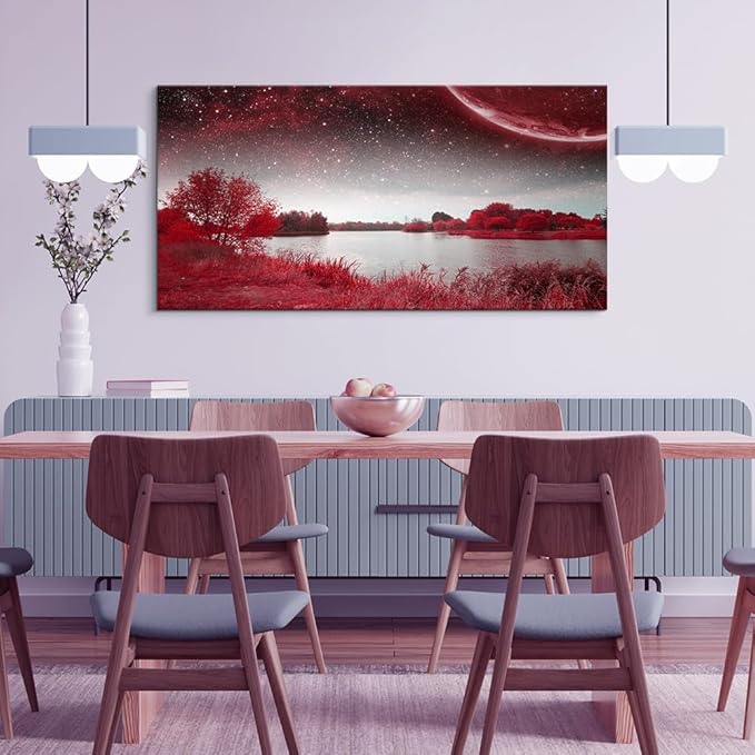 Print Artwork Wall Art Decor Poster For Living Room Red Tree Moon Starry Sky Red Landscape Painting Bathroom Wall Art For Bedroom Canvas Prints Picture Works Ready To Hang Office Home Decorations