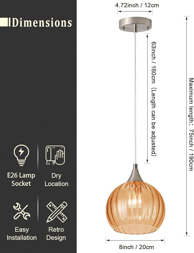 Brushed Nickel Pendant Lights Kitchen Island, Globe Pendant Light Fixtures with 8 Inch Clear Glass Shade, Modern Hanging Light Fixtures for Kitchen, Bedroom (2 Pack - Amber Glass Pendant Light)