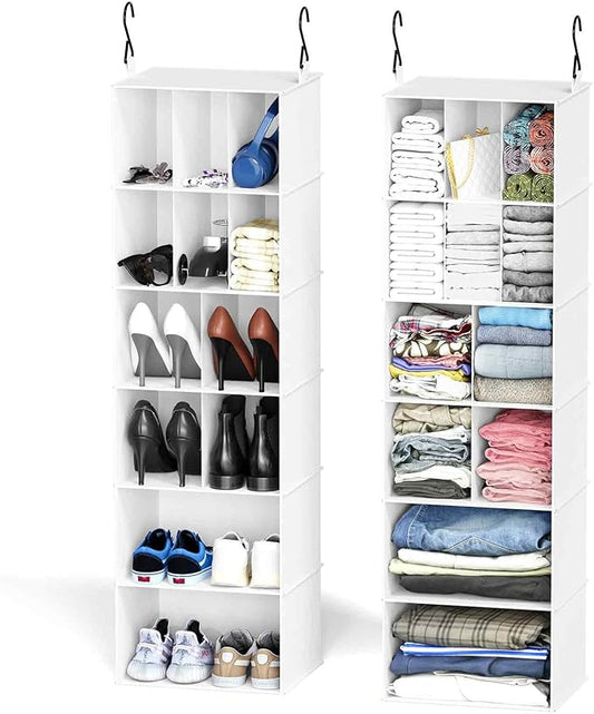 SpaceAid 2 Pack Hanging Closet Organizer and Storage with Dividers, 24 Compartments Hanging Shoe Shelves for Closet, Wardrobe, RV, Garment Rack - White