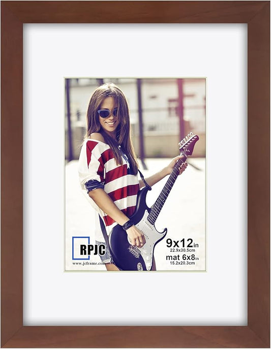 RPJC 9 x 12 Picture Frames Made of Solid Wood and High Definition Glass Display Pictures 6x8 with Mat or 9x12 Without Mat for Wall Mounting Photo Frame Brown