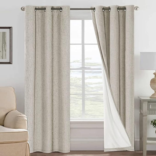 H.VERSAILTEX Primitive Linen Curtains 100% Blackout Curtain Drapes Burlap Fabric Curtains with White Thermal Insulated Liner, Grommet Top Drapes Living Room/Bedroom (2 Panels, 42 x 84 Inch, Stone)