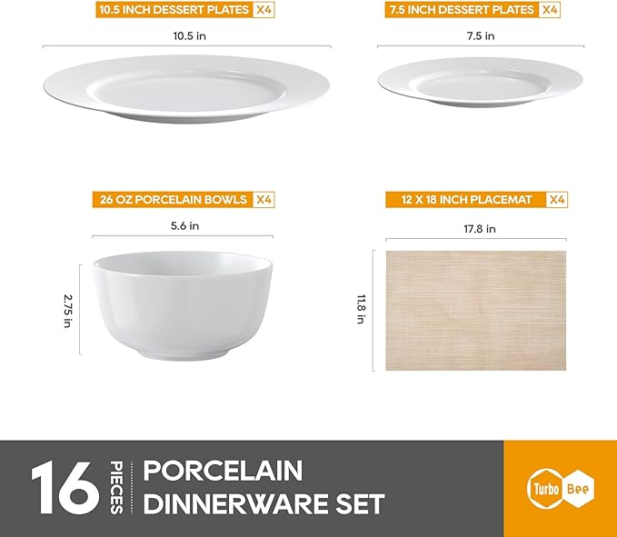 16 Pieces Plates and Bowls Sets, White Porcelain Dinnerware Sets, Ceramic Dishes Set Service for 4, White Kitchen Dinner Dining Ware Set