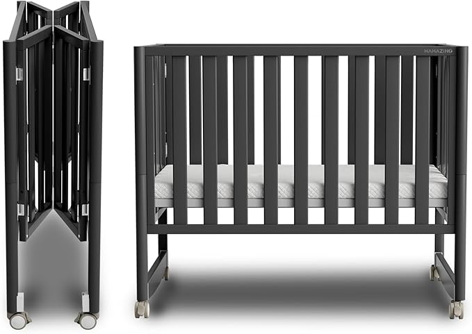 EvoNook 6-in-1 Convertible Mini Crib, 100% New Zealand Solid Wood, 4 Adjustable Mattress Heights, Black with Matttress (Crib with Mattress, Black)