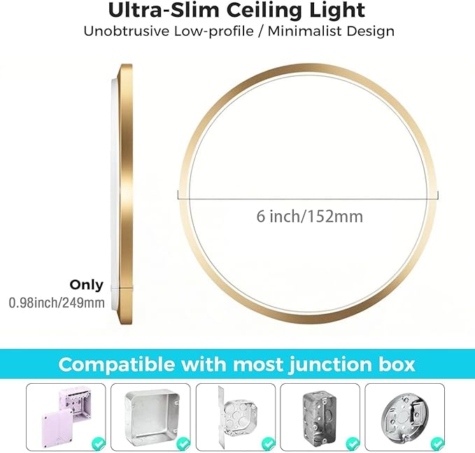 zemty 6Pack LED Ceiling Light Fixture, 6.5-Inch 12W 1200lm Small Flush Mount Light, Adjustable 3000K 4000K 6500K Color Temperatures, Round Flat Recessed Lamp for Kitchen Closet Hallway Laundry, Gold