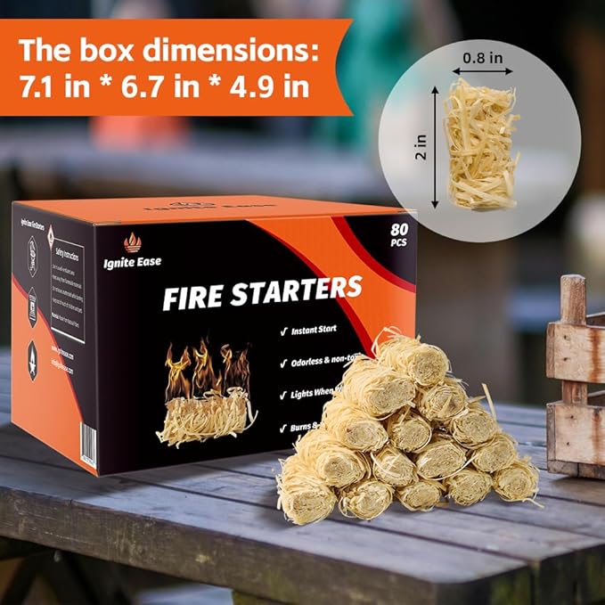 80pcs Natural Fire Starters - All Weather Waterproof Firelighters for Campfire, Grill, BBQ, Fire Pit, Fireplace, Wood Stove, Pizza Oven | Charcoal Starter, Odorless & Eco-Friendly