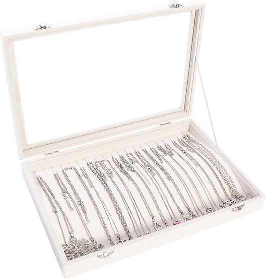 Coward 20 Hooks Necklace Organizer Jewelry Box, Dustproof Necklace Display Holder Case, Beige Velvet Necklace Display Tray Case with Transparent Glass Lid for Women Girls