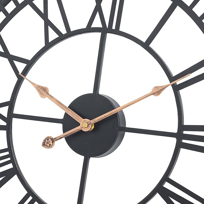 18 Inch Wall Clock for Living Room Decor, Silent Non-Ticking Battery Operated Metal Wall Clock, Indoor Outdoor Clocks with Roman Numerals, Black