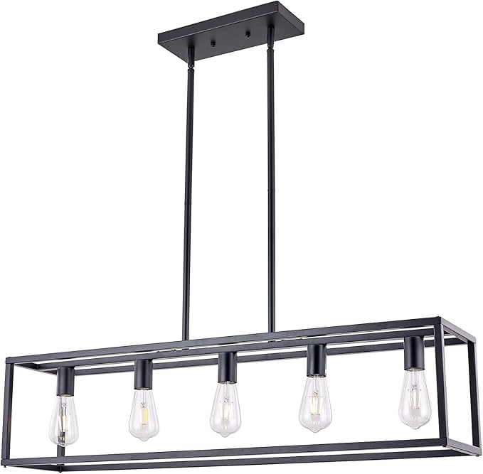 Kitchen Light Fixtures Dining Room Light Farmhouse Rectangle Chandeliers for Dining Rooms, Light Fixture Matte Black 5-Light Industrial Pendant Lighting