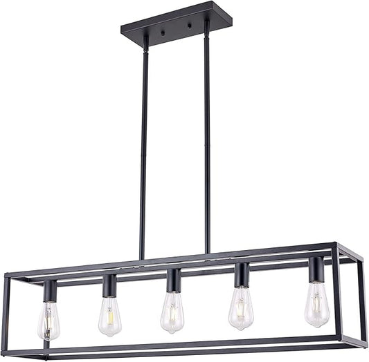 Kitchen Light Fixtures Dining Room Light Farmhouse Rectangle Chandeliers for Dining Rooms, Light Fixture Matte Black 5-Light Industrial Pendant Lighting