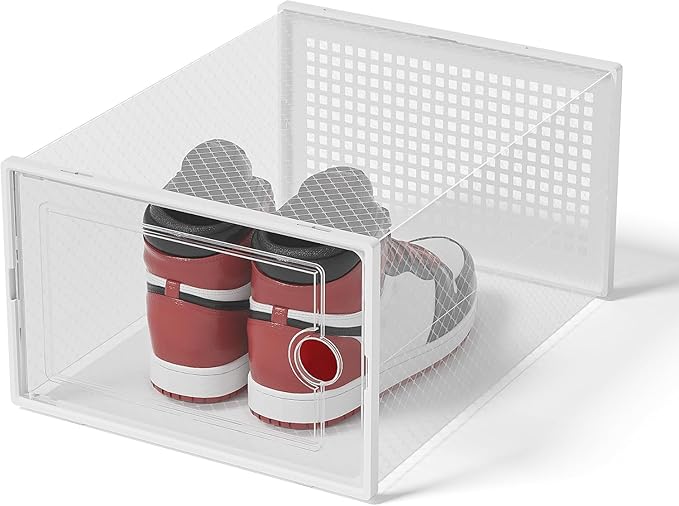 Kuject XX-Large Shoe Storage Boxes Organizers Clear Plastic Stackable 12 Pack, Shoe Rack & Holder Substitute, Sneaker Containers, Toy Storage Organizer Bins for Entryway, Closet, Under Bed, White