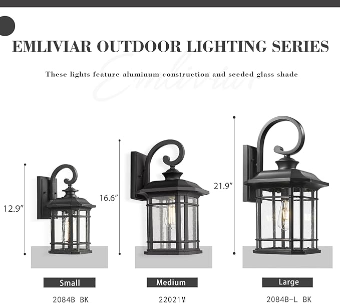 Emliviar Outdoor Wall Lantern Fixture with E26 Base, Large 21.9 Inch Exterior Wall Light with Seeded Glass, Black Finish, 2084B-L BK
