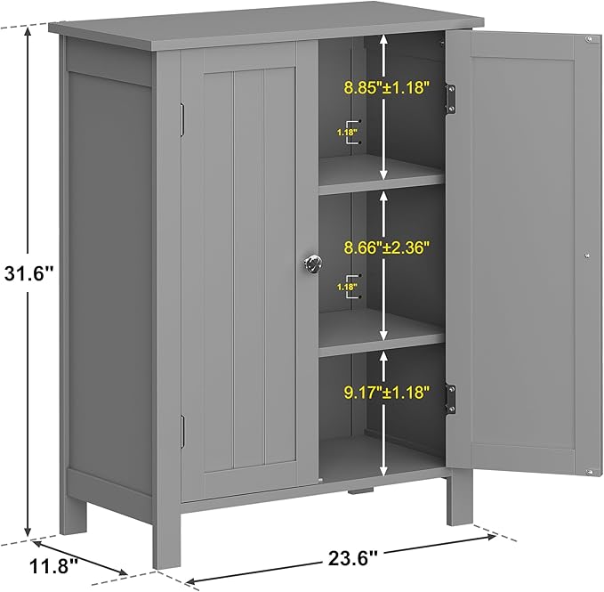 ZENY Bathroom Floor Storage Cabinet with Double Door + Adjustable Shelf, Wooden Organizer Cabinet for Living Room, Bathroom, Bedroom, Modern Home Furniture (Gray)