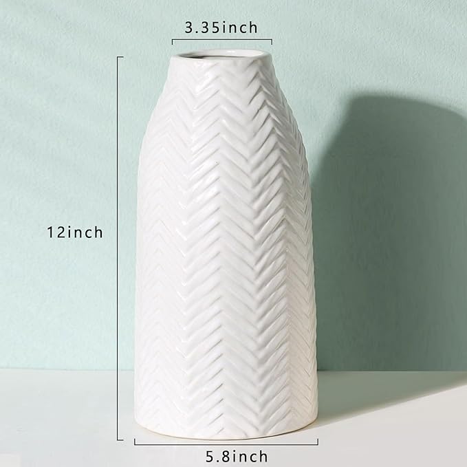 hjn White Vase for Flowers Ceramic Vase for Decor, Modern Decorative Tall Vases for Your Kitchen/Office/Living Room/Bookshelf/Mantel - White Texture(Medium
