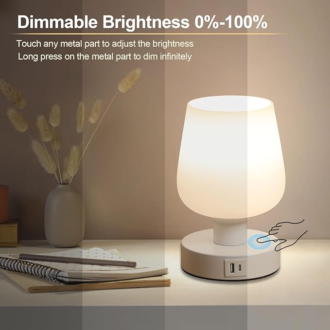 Touch Bedside Table Lamp with USB A+C Ports, Dimmable Small Table Lamp for Bedroom with White Opal Glass Lamp Shade and LED Bulb, Modern Nightstand Lamps, Desk Lamp with Plug for Living Room