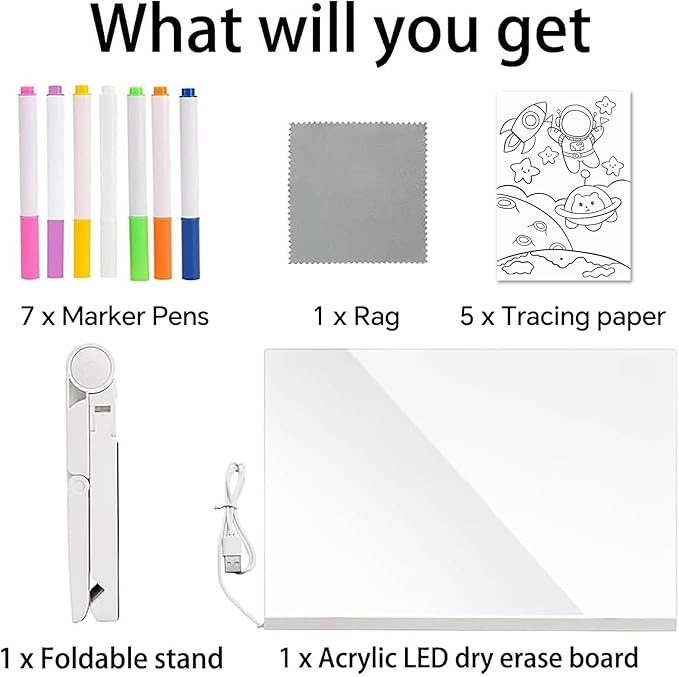 Led Drawing Board, Acrylic Dry Erase Board with Bracket, 11.8" X 7.9” Glow Writing Board, Led Note Board Comes with 7 Drawing Pens and 5 Cartoon Doodle Paper for Office School Home