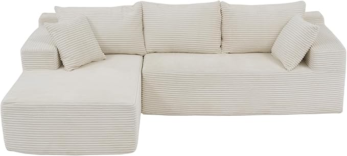 OC Orange-Casual 106.3" Cloud Sectional Couch with L-Shape Chaise,No Assembly Required Modular Sofa,Upholstered Boneless Couches for Living Room, Plush Corduroy Fabric (White, Left Facing Chaise)