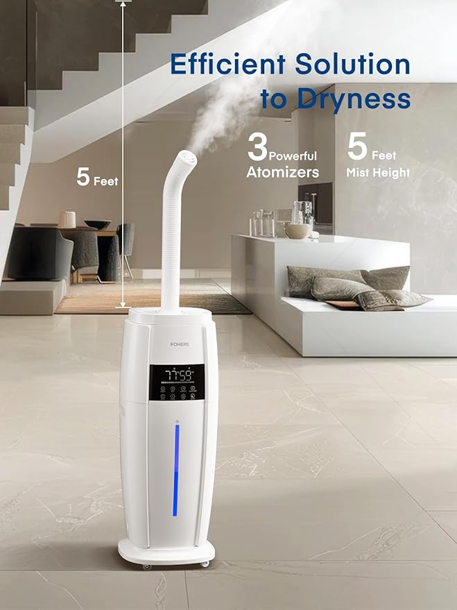 FOHERE 4.8Gal/18L Humidifier Large Room, Easy Top Fill Cool Mist Tower Humidifiers Quiet for Home, Indoor Plant, Commercial, Whole House Cover up to 1500ft², with Smart Humidity Sensor, Remote, White
