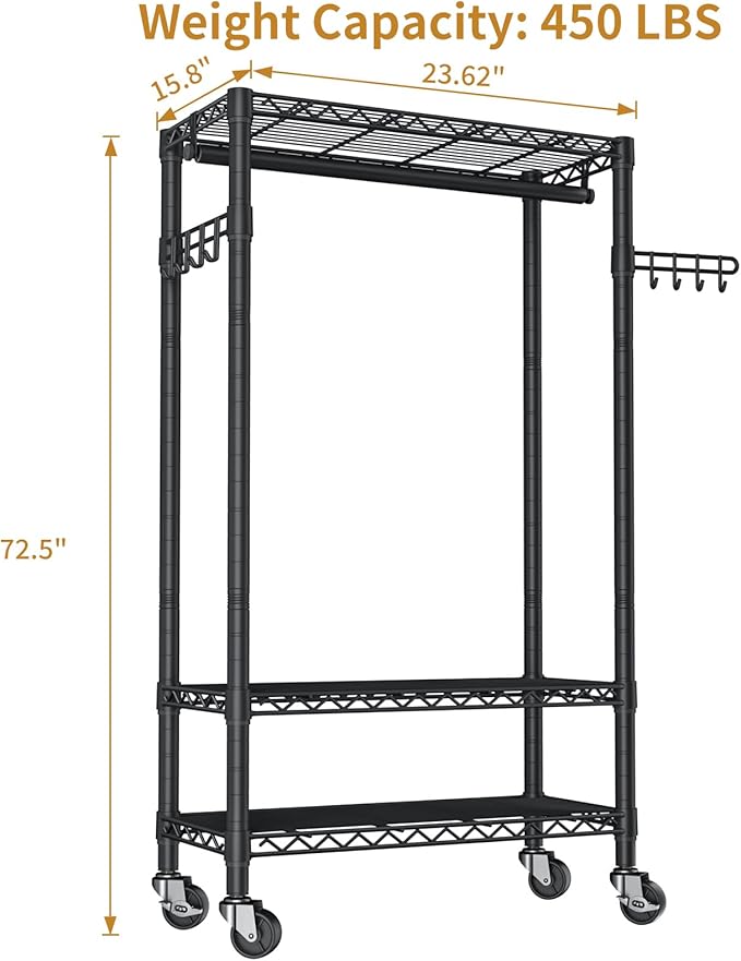 Heavy Duty Clothes Rack Rolling Garment Rack,3 Tier Adjustable Wire Shelving Clothing Racks for Hanging Clothes with Hanger Rod&Side Hooks,Freestanding Wardrobe Storage Rack Metal Portable Closet