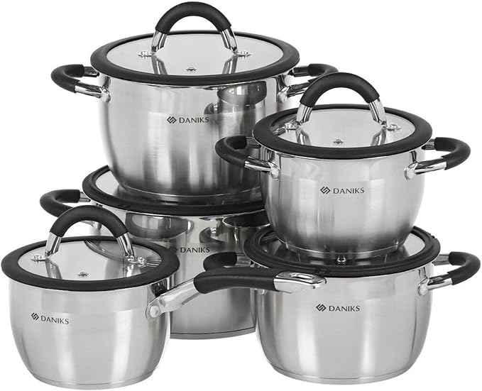 Daniks Orlando 10-Piece Stainless Steel Induction Cookware Set – Dishwasher Safe Saucepan, Pots with Heatproof Handles, Glass Lids, Measuring Scale, Silver